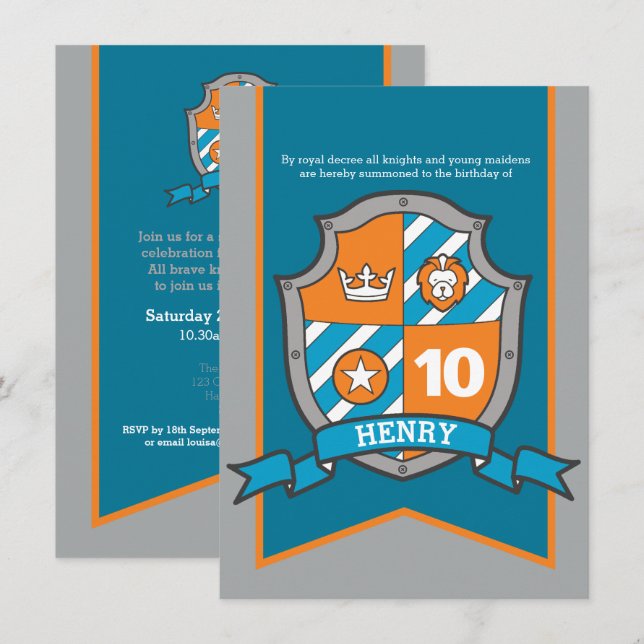 Knights medieval shield kids 10th birthday invites (Front/Back)