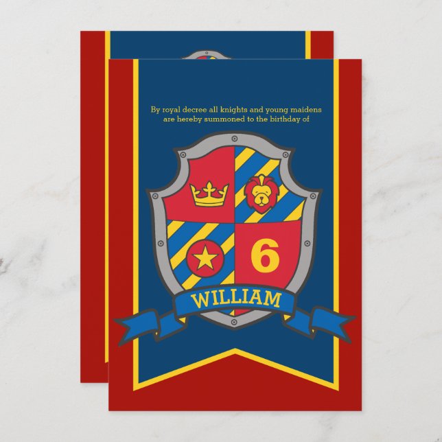 Knights medieval shield kids 6th birthday invites (Front/Back)