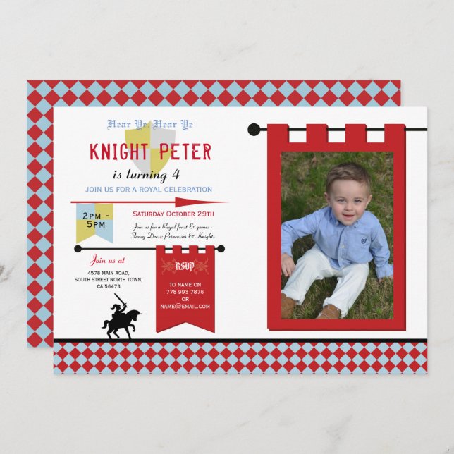 Knights Photo Medieval Birthday Party Blue Red Invitation (Front/Back)