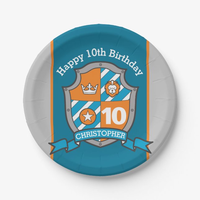 Knights shield 10th birthday party custom plate (Front)