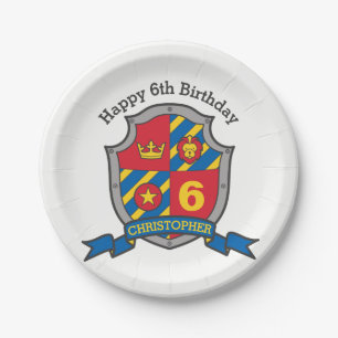 Knights shield 6th birthday party custom plate