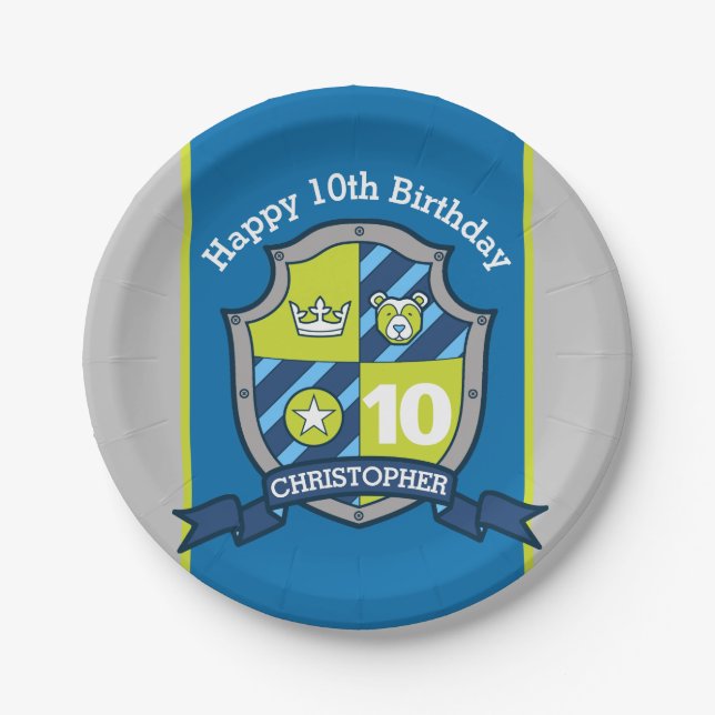 Knights shield bear 10th birthday custom plate (Front)