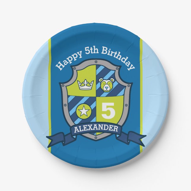 Knights shield bear 5th birthday custom plate (Front)