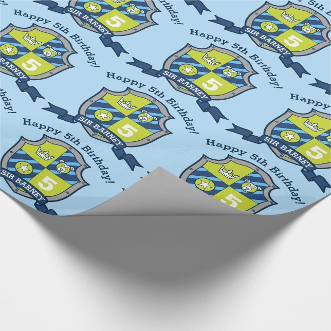 knights shield boys 5th birthday bear blue wrap wrapping paper (Corner)
