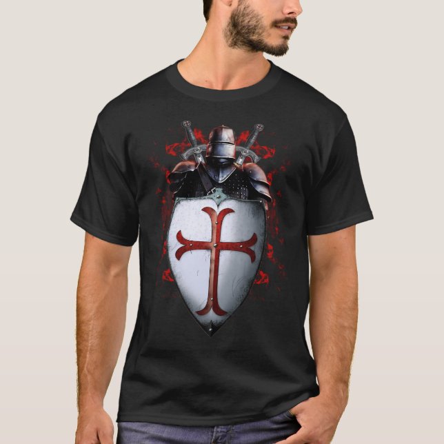 Knights Templar Flag Helmet Cross Sword T-Shirt (Front)