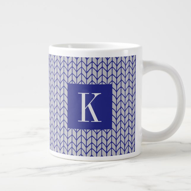 KNIT BLEU GRIS Grosse Mug Blanc + Initiale II (Droite)