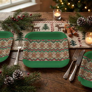 Knit Gingerbread Man Christmas Pattern Paper Plate