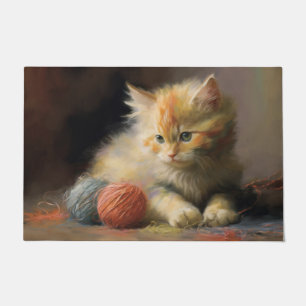 Knit Happens Orange Kitten Playing With Yarn Doormat