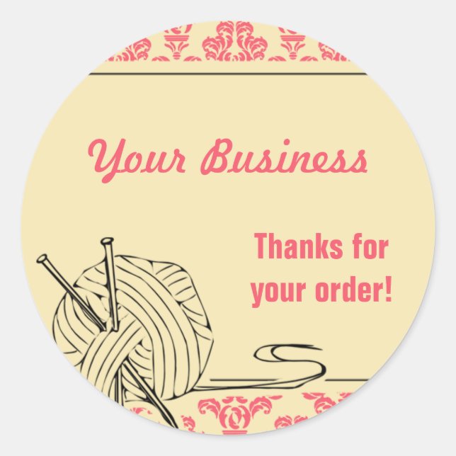 Knit Knitting Pink Damask Label Sticker (Front)