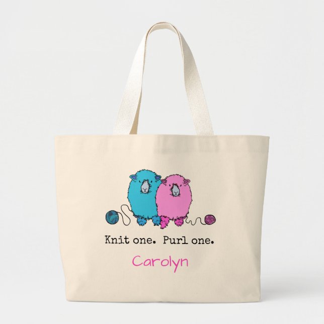 Knit one  Purl one.  Fun fluffy sheep personalized Large Tote Bag (Front)