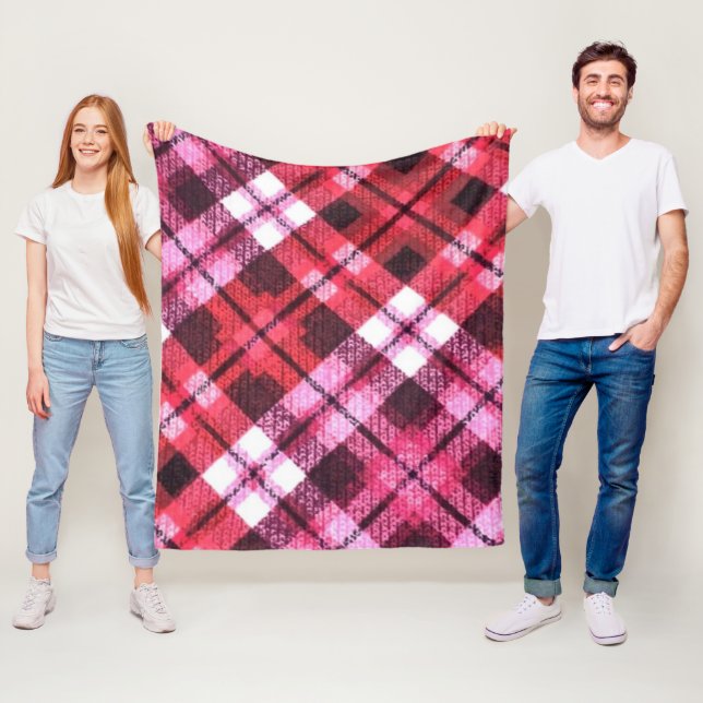 Knit Plaid Tartan Check Pink White Wine Pattern Fleece Blanket (In Situ)