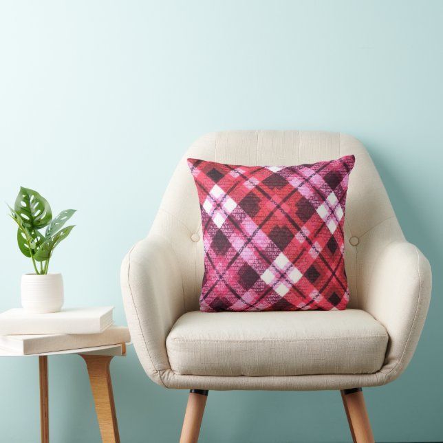 Knit Plaid Tartan Check Pink White Wine Pattern Throw Pillow (Chair)