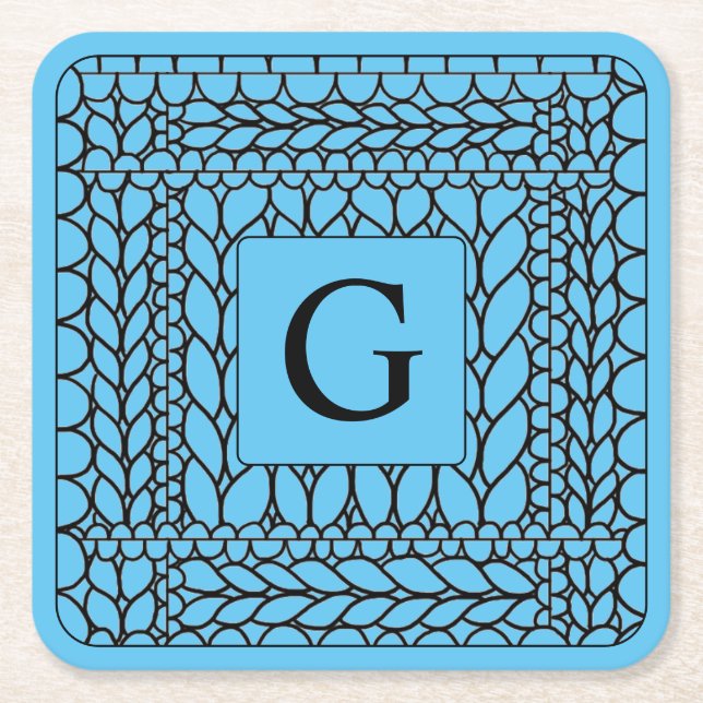 KNIT PURL BLUE Square Paper Coasters + Initial  (Front)