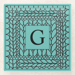 KNIT PURL TEAL Glass Drink Coaster + Initial