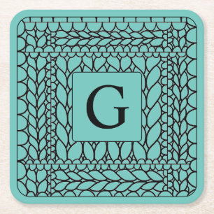 KNIT PURL TEAL Square Paper Coasters + Initial