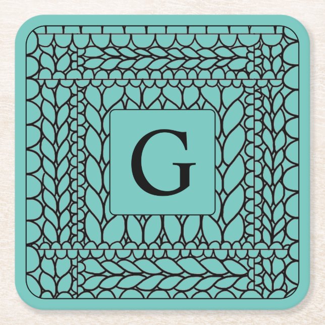 KNIT PURL TEAL Square Paper Coasters + Initial (Front)
