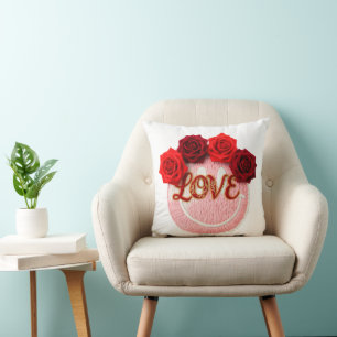 Knit Smiley Face Red Rose Love Valentine Floral T- Throw Pillow