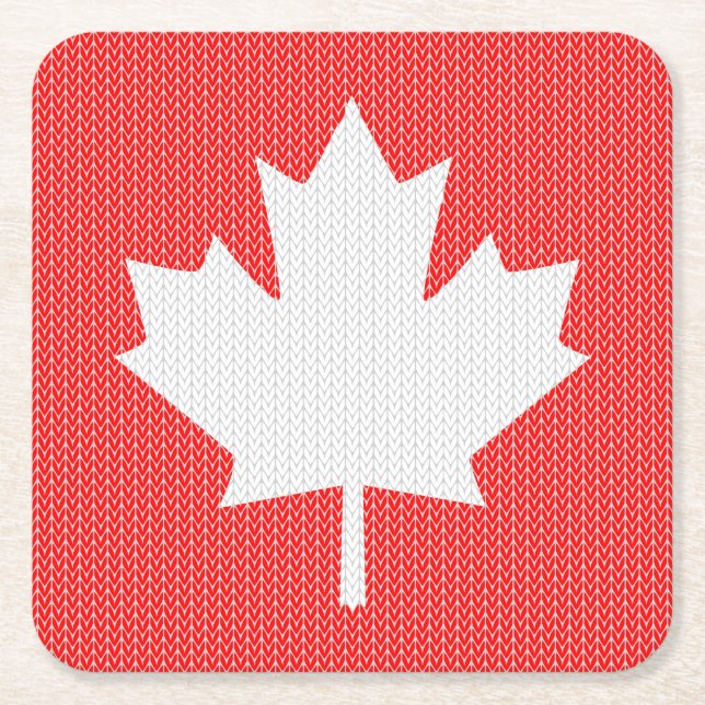 Knit Style Maple Leaf Knitting Motif Square Paper Coaster (Front)