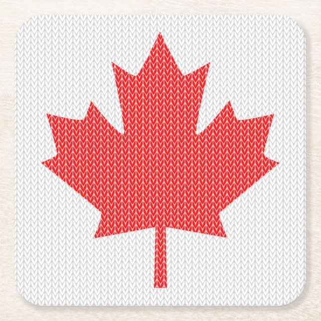 Knit Style Maple Leaf Knitting Motif Square Paper Coaster (Front)