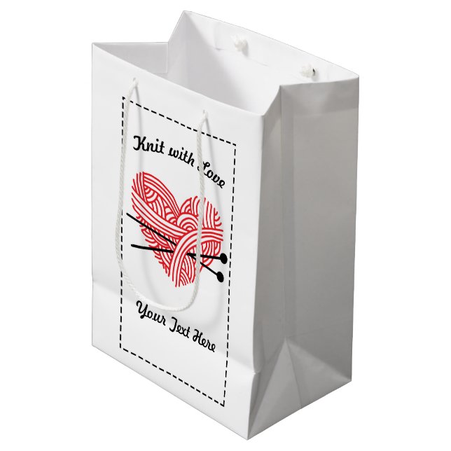 "Knit with Love" Yarn Heart Medium Gift Bag (Front Angled)