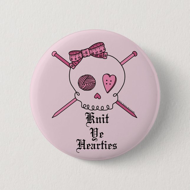 Knit Ye Hearties (Pink Background) 2 Inch Round Button (Front)