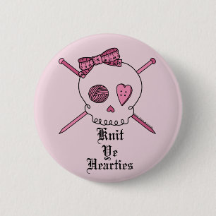 Knit Ye Hearties (Pink Background) 2 Inch Round Button