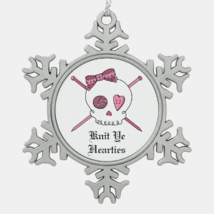 Knit Ye Hearties -Skull & Knitting Needles (Pink) Snowflake Pewter Christmas Ornament