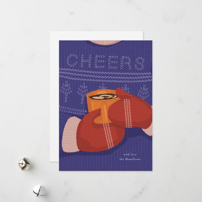 Knitted Cheers on blue Pullover Holiday Card (Front/Back In Situ)
