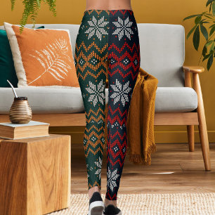 Knitted Christmas And New Year Flower Pattern Mom Leggings