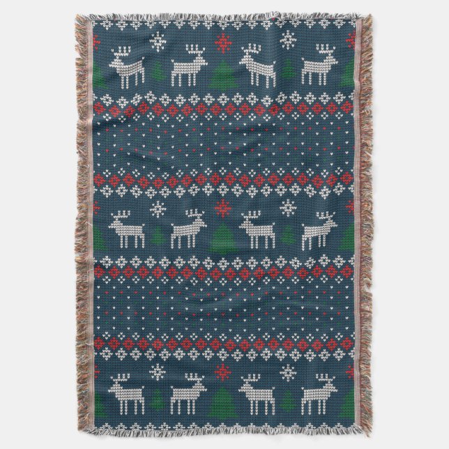 Knitted Christmas Deer Pine Tree Decorative Throw Blanket (Front Vertical)
