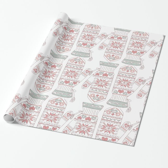 Knitted Christmas Gloves Pattern Wrapping Paper (Unrolled)