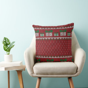 Knitted Christmas Pillow with Gifts & Snowflakes
