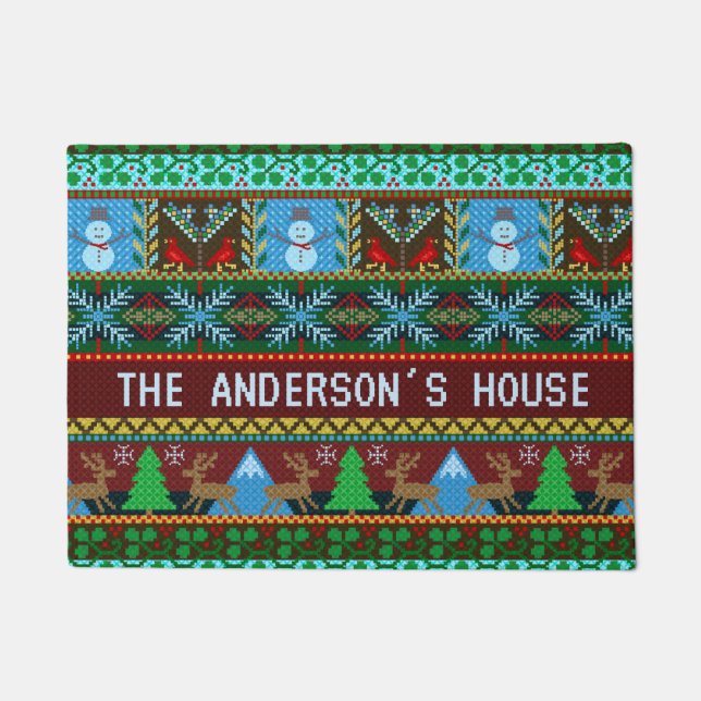 Knitted Christmas Reindeer Snowmen | Family Name Doormat (Front)
