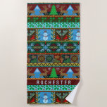 Knitted Christmas Snowmen Reindeer | Family Name Beach Towel<br><div class="desc">No one said you can't hit the beach at Christmastime (well, if you're travelling somewhere warm, anyway). Combine your sunny days in the sand with this festive holiday beach towel. This original design has a repeating pattern made to resemble a knitted Christmas sweater. It includes reindeer, trees, mountains, snowmen, mistletoe,...</div>