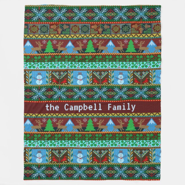 Knitted Christmas Snowmen Reindeer | Family Name Fleece Blanket (Front)