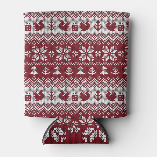 Knitted, Christmas, squirrels, vintage pattern. Can Cooler (Front)