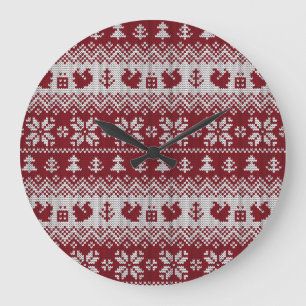 Knitted, Christmas, squirrels, vintage pattern. Large Clock