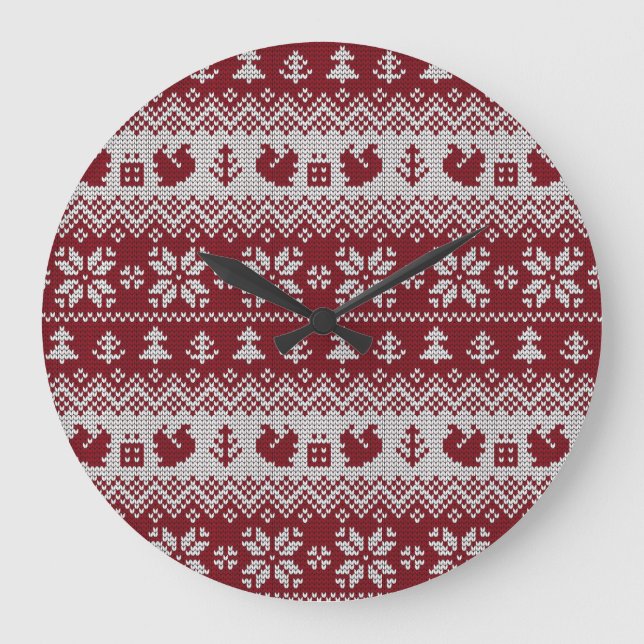 Knitted, Christmas, squirrels, vintage pattern. Large Clock (Front)