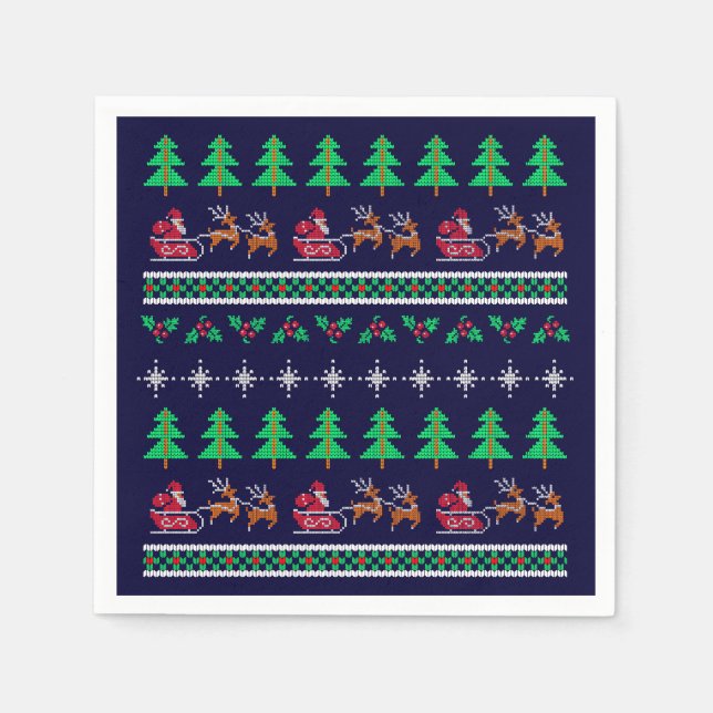 Knitted Christmas Sweater Pattern on Navy Blue Napkin (Front)