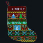 Knitted Christmas Sweater Reindeer Snowman | Name Small Christmas Stocking<br><div class="desc">This unique, festive holiday stocking is perfect for hanging by the fireplace at Christmastime. It includes an original faux knitted pattern made up of reindeer, snowmen, snowflakes, mistletoe, acorns, birds, mountains and much more. The design is made in pretty shades of red, green, blue, and golden yellow. Use the easy...</div>