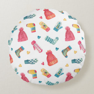 Knitted Clothes Watercolor: Colourful Winter Seaml Round Pillow