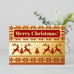 Knitted deers and Christmas trees in gold and red