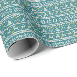 Knitted Elegant Blue Merry Christmas turquoise Wrapping Paper