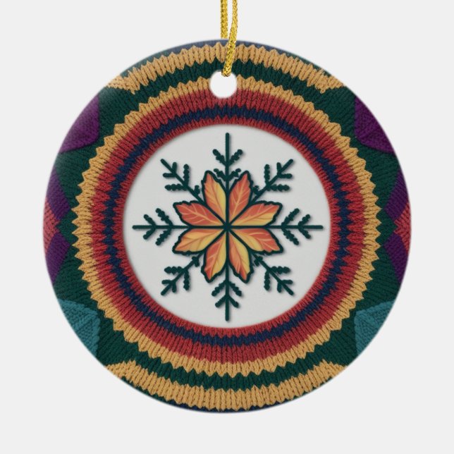 Knitted Fall Leaf Snowflake Pattern Christmas  Ceramic Ornament (Front)