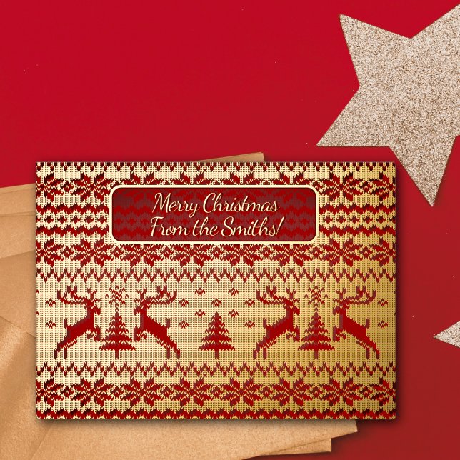 Knitted Gold Deers and Christmas trees on red bg (Creator Uploaded)