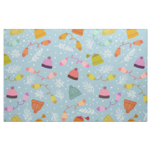 Knitted Hats and Mittens Blue Winter Pattern Fabric