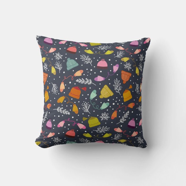 Knitted Hats and Mittens Dark Blue Winter Pattern Throw Pillow (Front)