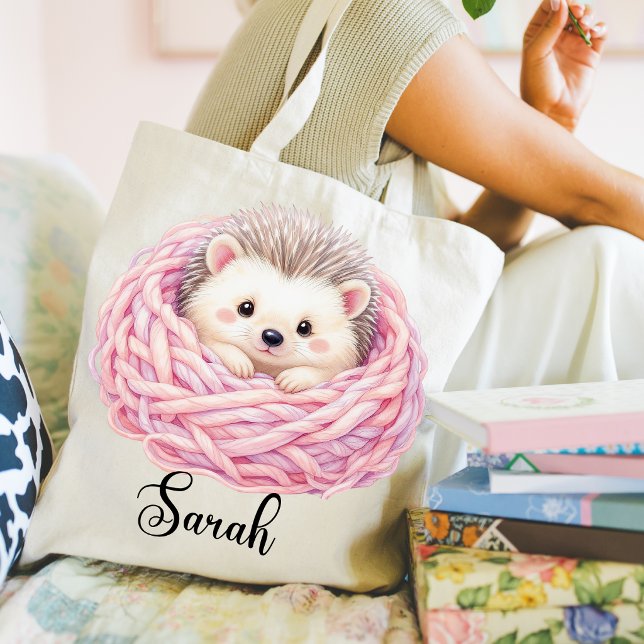 Knitted Hedgehog Tote Bag (knitted hedgehog in yarn tote bag. )