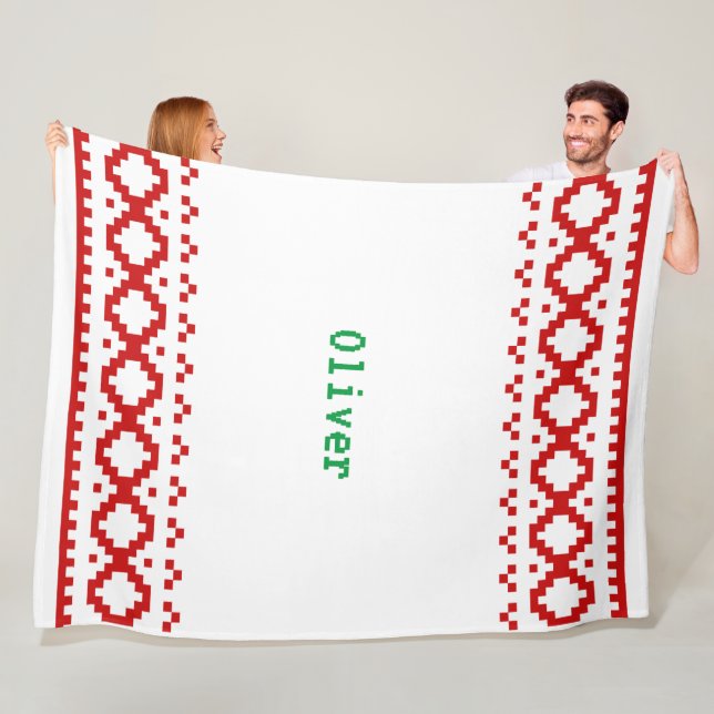 Knitted Look White with Red Pattern Borders Cozy F Fleece Blanket (In Situ)