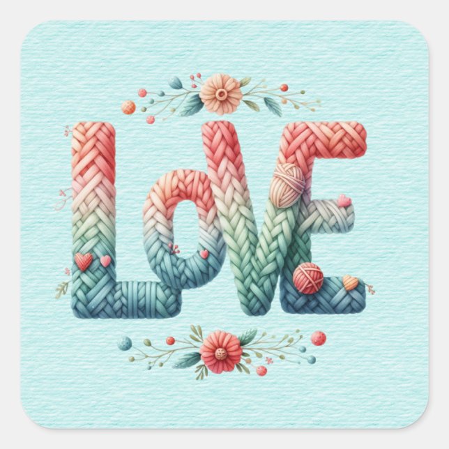 Knitted LOVE Word Blue to Pink Gradient Square Sticker (Front)